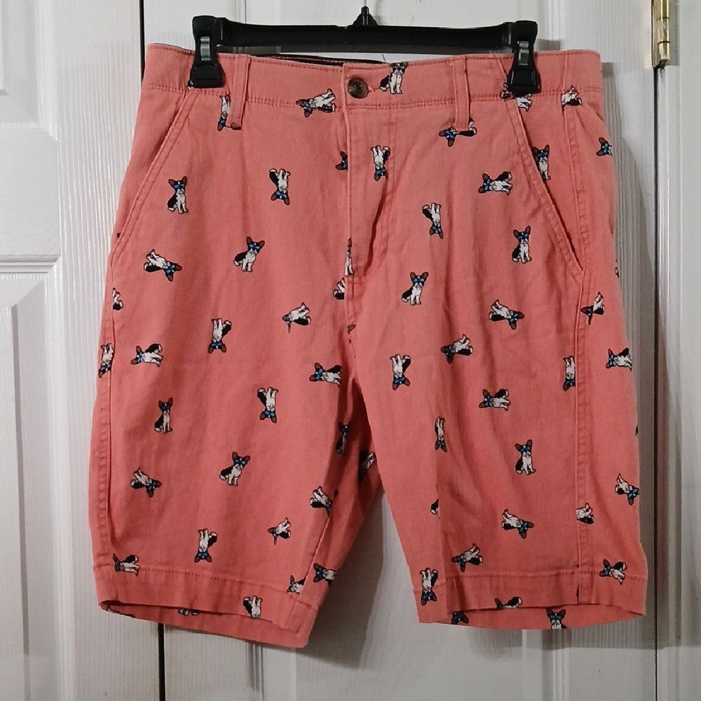 Plugg Mens Salmon Shorts French Bulldog Print Cotton Blend Flex Casual Sz 30 EUC